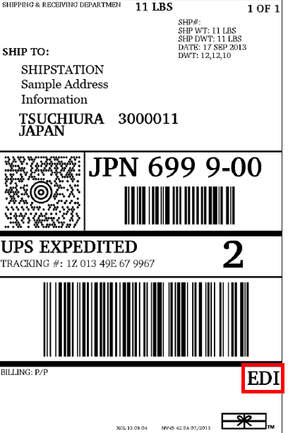 Muestra de etiqueta de UPS con la designación "EDI" resaltada por un cuadro rojo en la esquina inferior derecha.