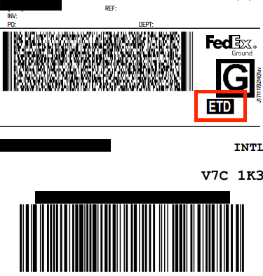 Etiqueta de FedEx Ground que resalta la designación "ETD" para el envío de documentos comerciales electrónicos.