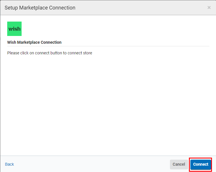 The Wish setup marketplace screen is shown with the connect button highlighted.