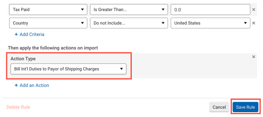 Automation rule for Zonos, shows Bill Int'l Duties to Payor as Action type.