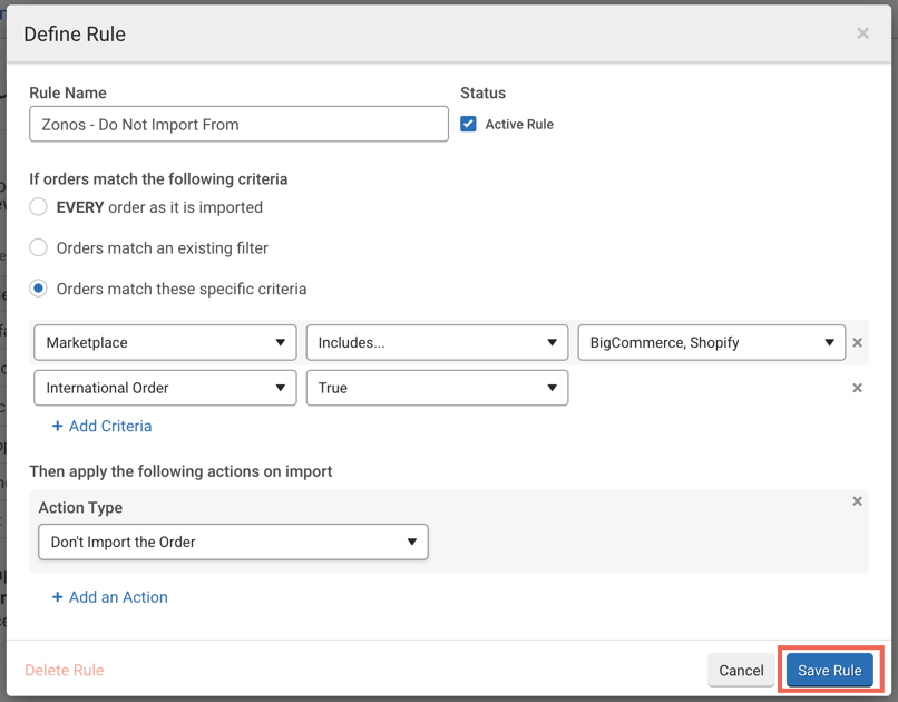 Automation rule for Zonos set to not import orders from BigCommerce or Shopify