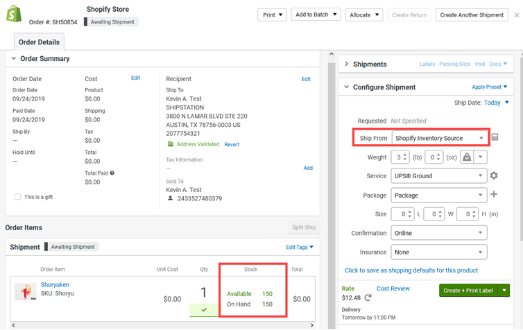Order Details for Shopify Order with Ship From and Inventory column highlighted.