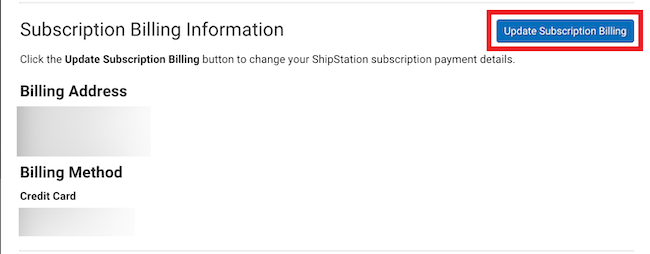 Billing Information page. Red box highlights the Update Subscription Billing button.