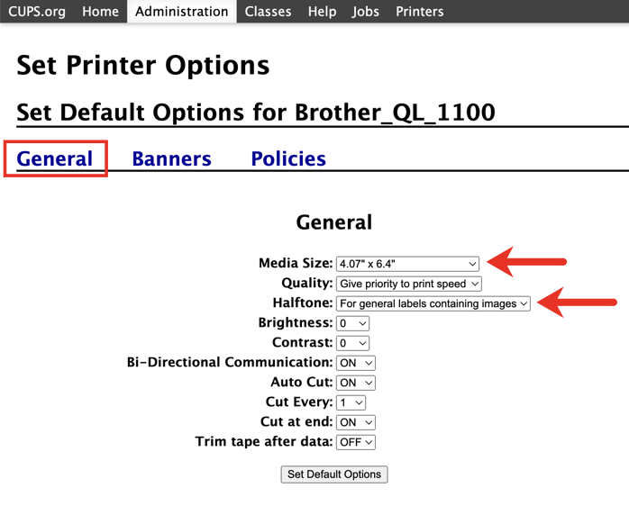 Brother printer administration menu with General tab and fields highlighted
