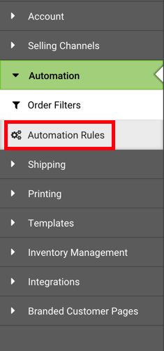 Configuración de la barra lateral: menú desplegable Automatización. El cuadro rojo destaca la opción Reglas de automatización.