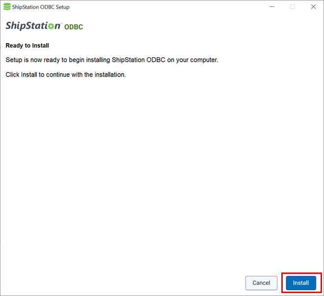 El asistente de instalación de ODBC está abierto con el botón Instalar resaltado.