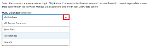 El menú desplegable Seleccionar fuente de datos ODBC se expande y se selecciona una fuente de datos en la lista.