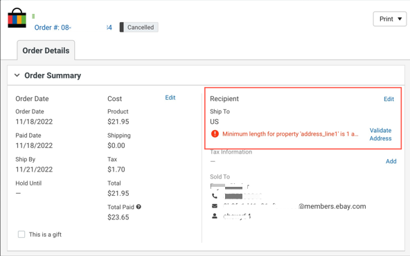 Order Details for sample eBay order. Highlights missing Ship To address information.