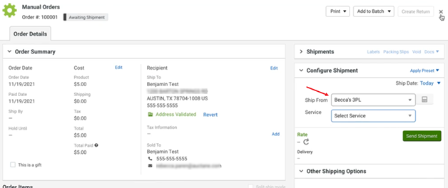 Ship From Location set to 3PL in Order Details window.