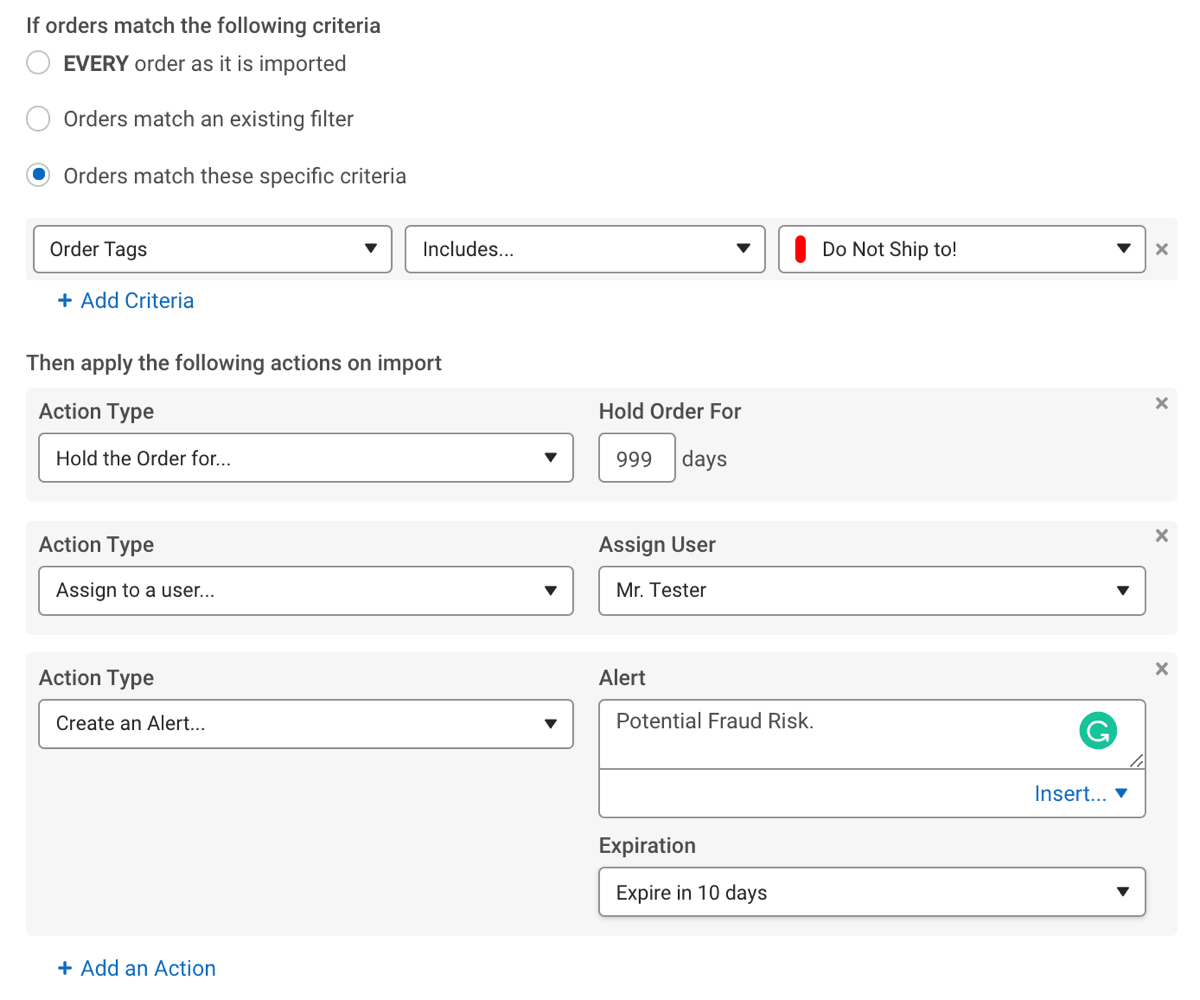 Automation rule: Fraud risk tag and conditions