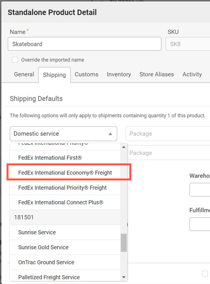 Stand alone Product Detail popup. In Domestic service dropdown, Box highlights long name service
