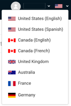Country flag icon in Help Center with drop-down menu of different country options.