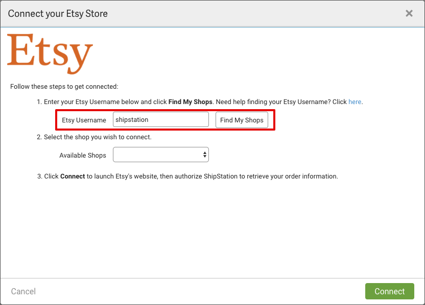Connect your Etsy Store form with Etsy Username highlighted.