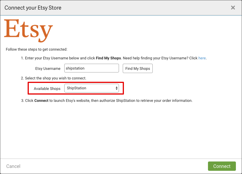 Image: Connect your Etsy Store popup with Available Shops drop-down highlighted.