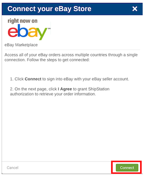 Image: popup to connect your eBay store. Box highlights Connect button