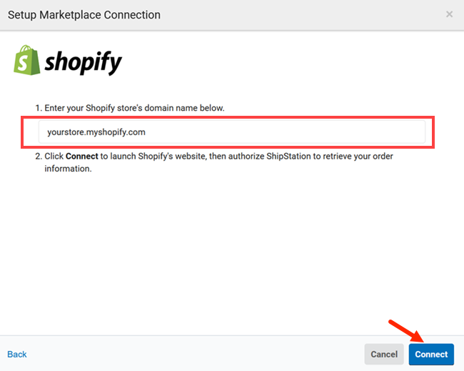 El modal de configuración de Shopify está abierto con el campo del dominio resaltado y una flecha apuntando al botón de conexión.