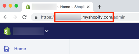 URL de la tienda Shopify en el navegador con myshopify.com resaltado.