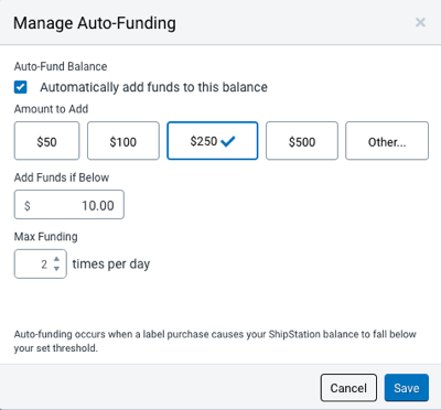 Ventana emergente de Administrar financiamiento automático con la opción Agregar fondos automáticamente habilitada