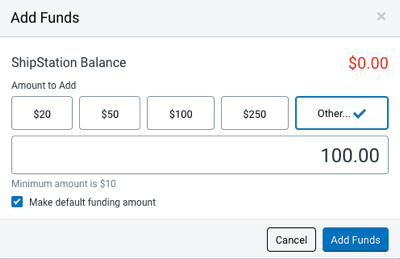 Add Funds popup. ShipStation Balance shown as 0 dollars.