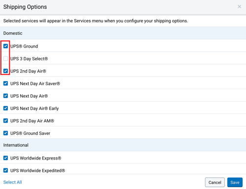 Shipping Options popup. Box highlights some Checkbox options to select or deselect.