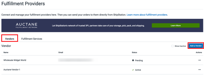 Add a Vendor button marked for DropShip Manager fulfillment providers