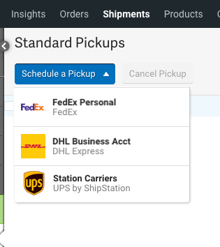 The Schedule a Pickup drop-down with FedEx, DHL Express, and UPS pickup options.