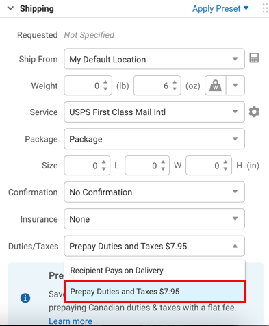 La sección de envío de la configuración del envío con el menú desplegable de aranceles/impuestos que resalta la opción Pagar por adelantado impuestos y aranceles.