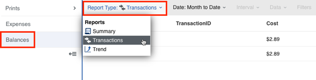 Stamps.com Reports > Balances screen with Report type set to Transactions