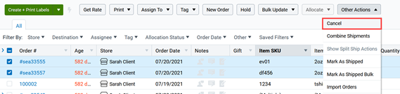 Other Actions menu of Orders grid with Cancel option marked