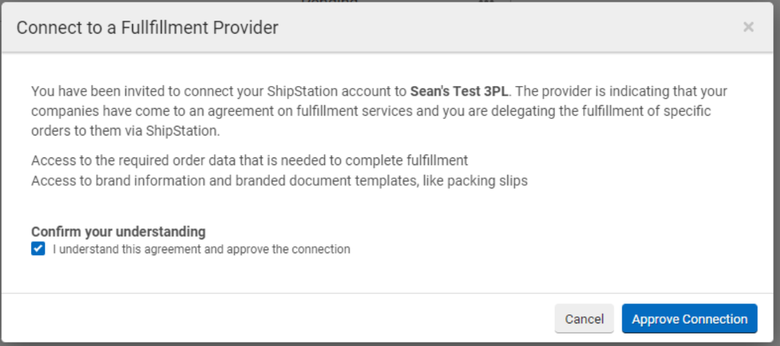 "Approve Connection" button highlighted on Connect to Fulfillment Provider pop-up window.