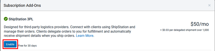 El botón de activación se resalta para el complemento ShipStation 3PL.