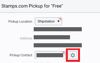 The pickup request form with the gear icon next to Pickup Contact marked.