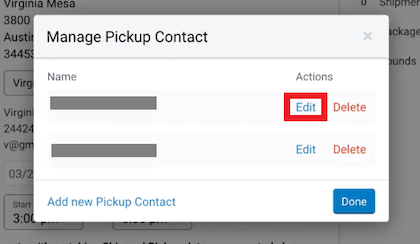 The manage pickup contact popup with edit marked next to a contact entry.