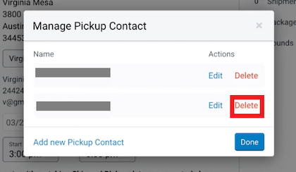 The manage pickup contact popup shows delete marked next to a contact entry.