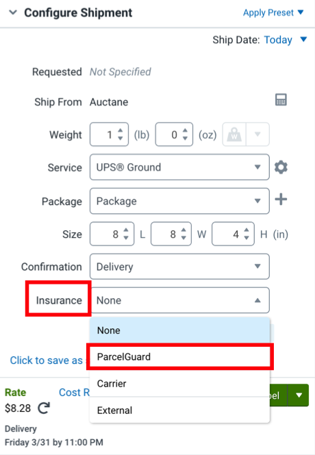 Configure Shipment Widget with the ParcelGuard selected in the Insurance drop-down menu.