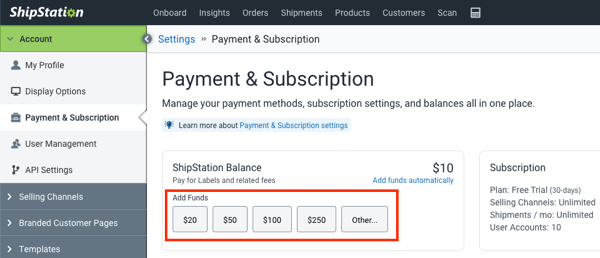 Payments & Subscription settings with the Add Funds buttons highlights in the ShipStation Balance card
