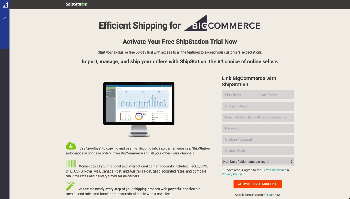 ShipStation log in page open in BigCommerce