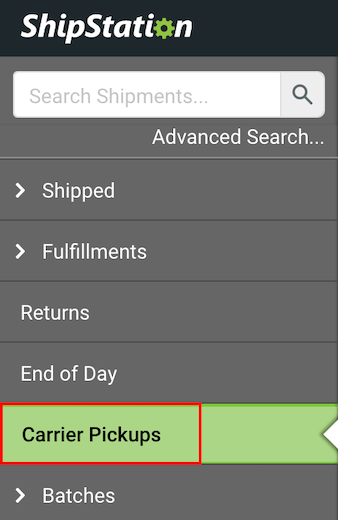 Shipments tab sidebar with Carrier Pickups option highlighted