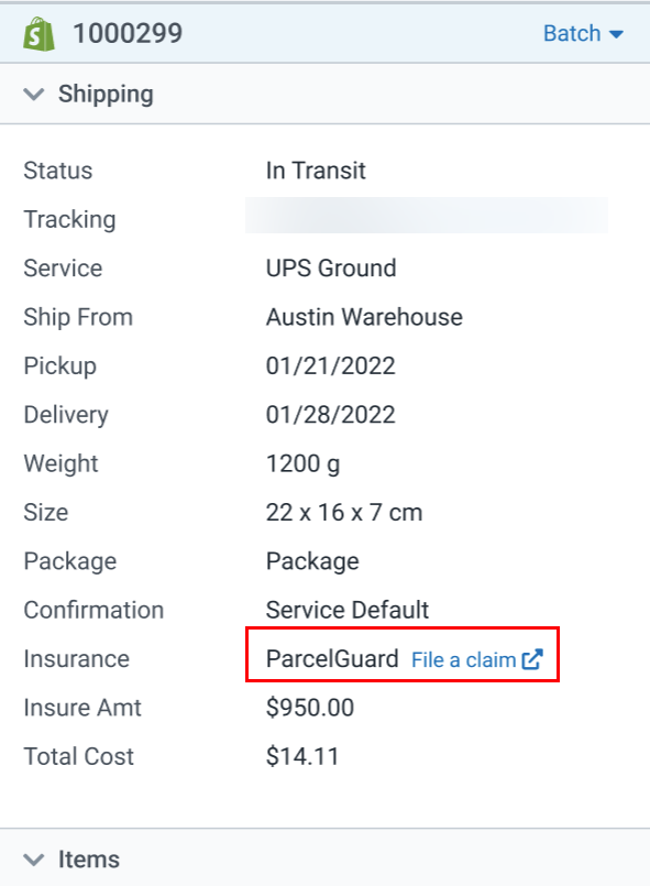 Shipping Details with the Parcelguard File a Claim link highlighted.