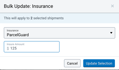 Bulk Update pop-up showing ParcelGuard as the insurance selection