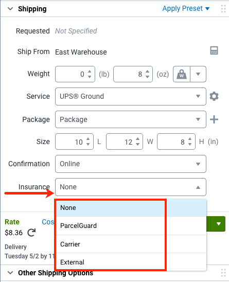 Configure Shipment Widget, arrow points to Insurance drop-down with options revealed