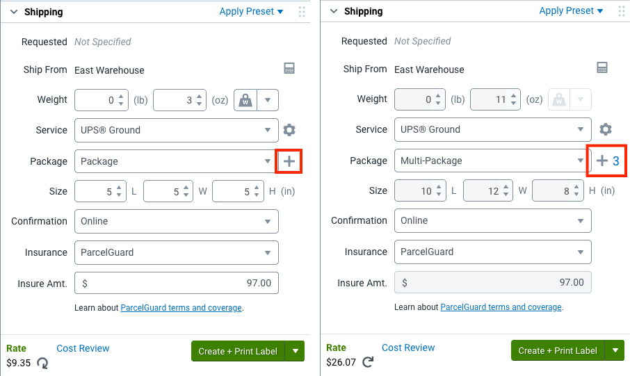 Shipping sidebar showing the multi-package button both before and after adding package sets
