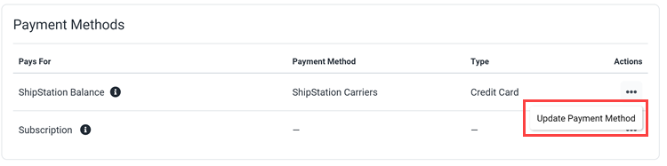 The update payment method option is shown for ShipStation balance.
