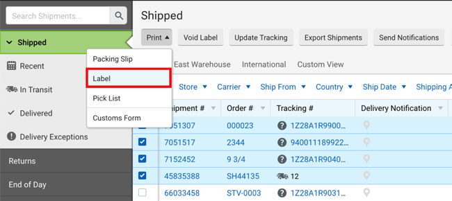 Shipments tab, Print menu, select Label option highlighted