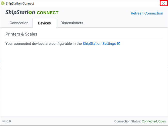 ShipStation Connect está abierto con la X para cerrar la aplicación resaltada.