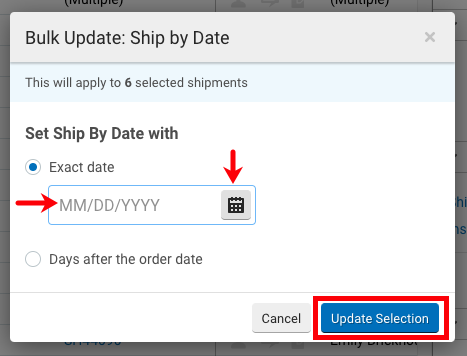Bulk Update - Ship By Date pop-up. Enter exact date in Ship by Date field or via calendar icon. Lists how many orders action applies to.