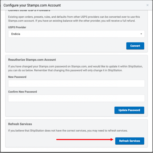 Configure Your Stamps Account popup. Arrow points to Refresh Services button