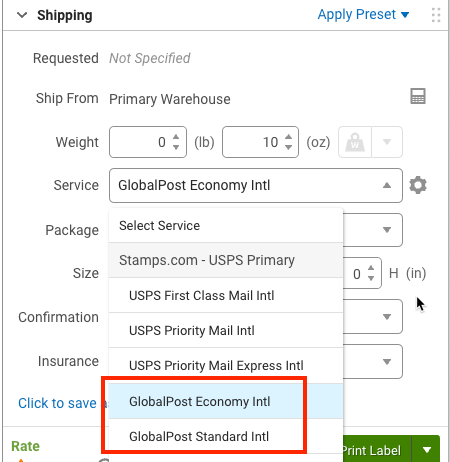 Services drop-down in the Orders shipping sidebar with GlobalPost services selected
