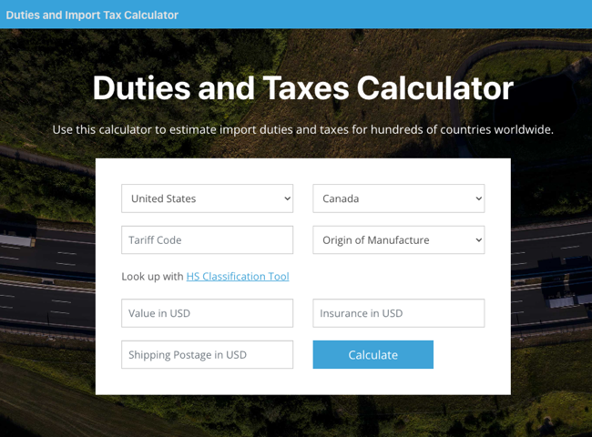 The GlobalPost Duties and Taxes Calculator screen