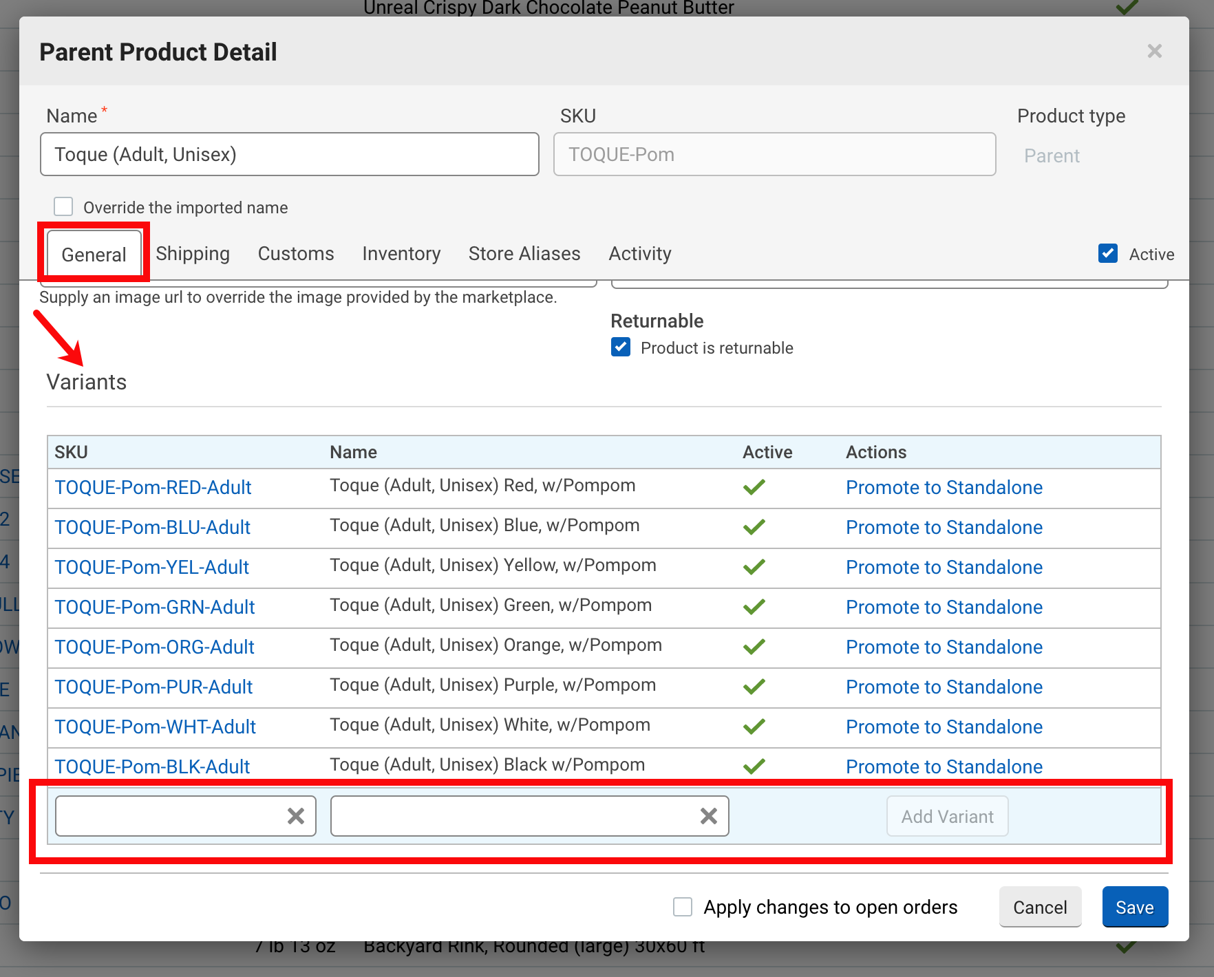 Product details general tab with Variant SKU and Name highlighted.